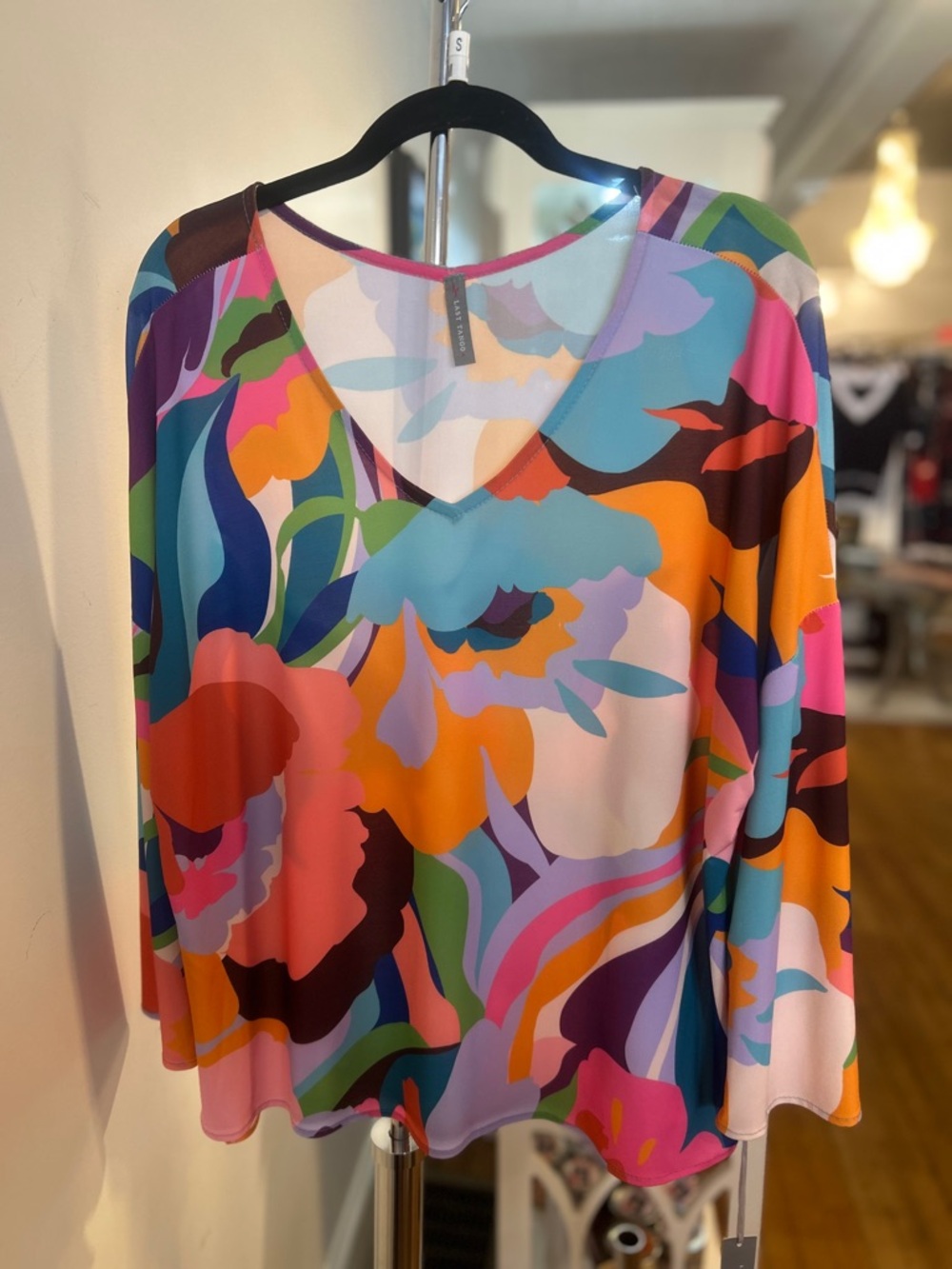 Last Tango Multicolor Abstract Floral V-Neck Top With Side Slits